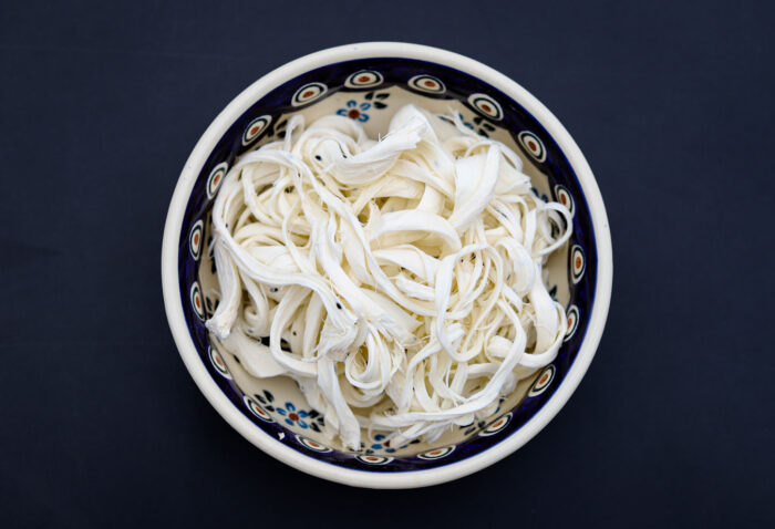 String cheese in a bowl.